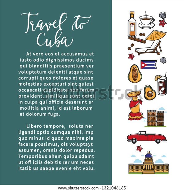 Cuba travel poster with information on\
Cuban culture famous symbols and Havana\
landmarks.