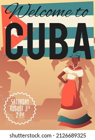 Cuba travel poster mockup with beautiful cuban woman, flat vector illustration. Welcoming invitation banner or placard design for tourism and travel industry.