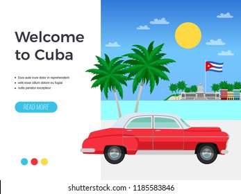 Cuba travel poster with resort and holiday symbols flat vector illustration