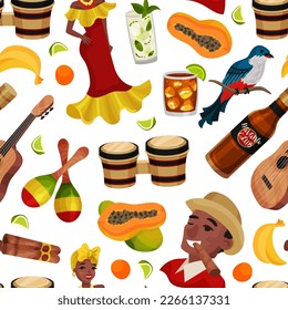 Cuba Travel Seamless Pattern Design with National Symbol and Attributes Vector Template