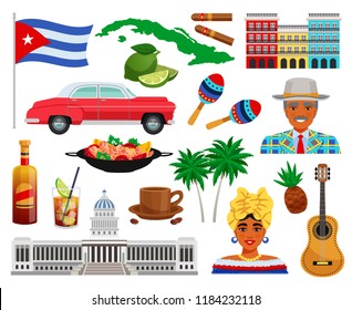 Cuba travel set with sights and landmarks symbols flat isolated vector illustration