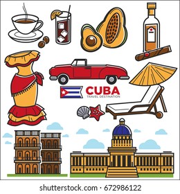 Cuba travel sightseeing icons and vector Havana landmarks