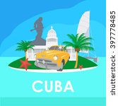 Cuba travel symbols - capitol, old car, palms, starfish, Che Guevara monument 