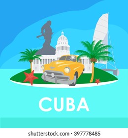 Cuba travel symbols - capitol, old car, palms, starfish, Che Guevara monument 