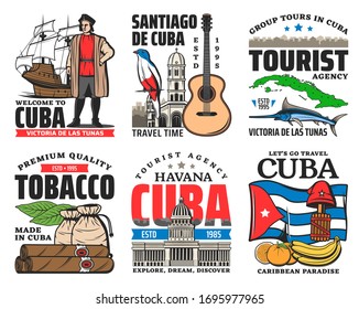 Cuba travel and tourism vector icons. Cuban flag, map and island travel landmark, Havana cigars and tobacco leaves, caribbean banana and oranges, guitar, marlin and Columb, trogon, liberty cap