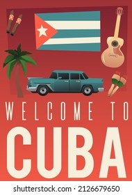 Cuba travel and tourist attractions advertising postcard or poster template, flat vector illustration. Promotional poster for travel and tourist trips to Cuba.