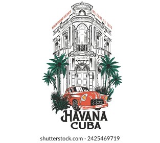 Cuba typography print with sun, car. Vintage poster artwork. Palm tree with building. Watercolor hand painting city sketch. Cuba Havana graphic t shirt print design. 