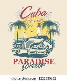 Cuba typography for t-shirt print with sun,beach and retro car.Vintage poster.