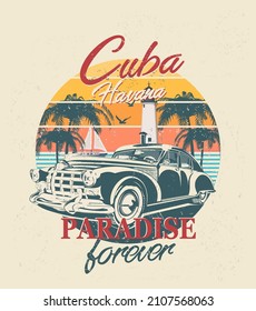 Tipografía cubana para estampado de camisetas con sol, playa y auto retro. Cartel de época.