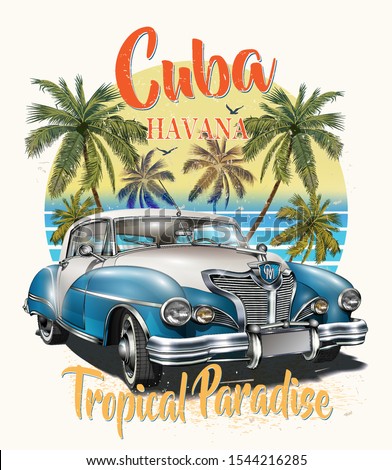Cuba typography for t-shirt print with sun,beach and retro car.Vintage poster.