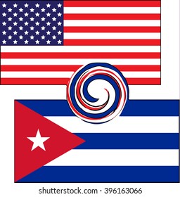 Cuba USA relations, slow mixing flags, friendship, cooperation and team work