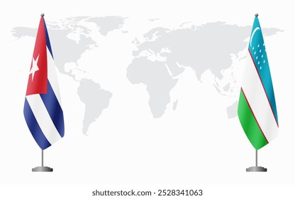 Cuba and Uzbekistan flags for official meeting against background of world map.