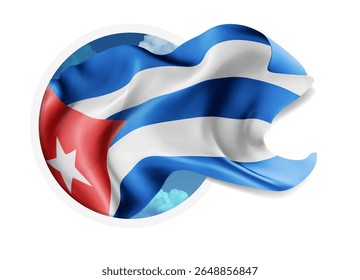 Cuba, vetor 3d bandeira contra um céu azul, através de um buraco redondo em um fundo branco
