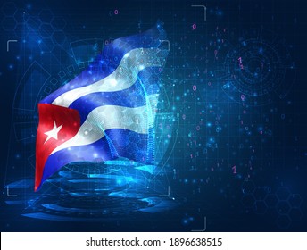 Cuba, vector 3d flag on blue background with hud interfaces