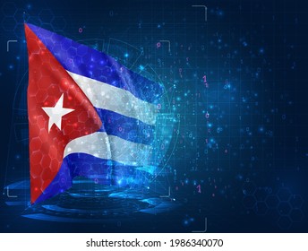 Cuba, vector 3d flag on blue background with hud interfaces