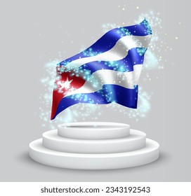 Cuba, vector 3d flag on the podium surrounded by a whirlwind of magical radiance