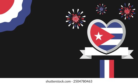Cuba vector banner design illustration with flag colors, geometric shapes and typography. fireworks and ribbon elements.