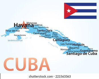Cuba - vector illustration with largest cities. Carefully scaled text by city population, geographically correct. 