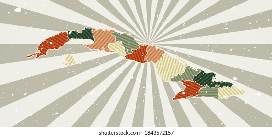 Cuba vintage map. Grunge poster with a map of the country in a retro color palette. Shape of Cuba with a sunburst rays background. Vector illustration.