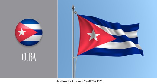 Cuba waving flag on flagpole and round icon vector illustration. Realistic 3d mockup of star and blue white stripes of Cuban flag and circle button 