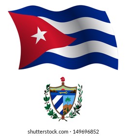 cuba wavy flag and coat of arms against white background, vector art illustration, image contains transparency