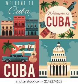 Cuba welcoming posters set with traditional travel elements flat vector illustration. Collection of postcards or social media posts with Cuban sightseeing.