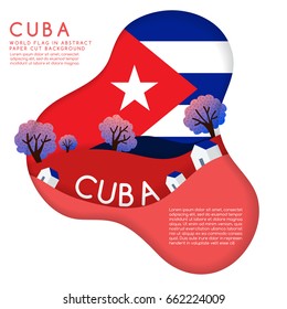 Cuba : World Flag in paper cut shapes with trees and mountains in the layers : Vector Illustration
