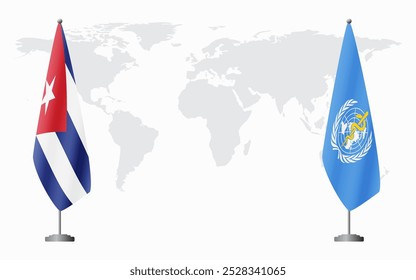 Cuba and World Health Organization flags for official meeting against background of world map.
