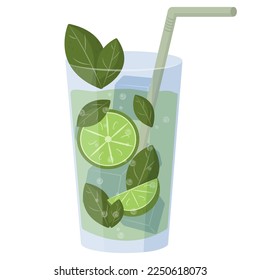 Cuban alcoholic drink mojito based on rum with mint and lime. Latin American refreshing green beverage with ice. 