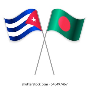 Cuban and Bangladeshi crossed flags. Cuba combined with Bangladesh isolated on white. Language learning, international business or travel concept.