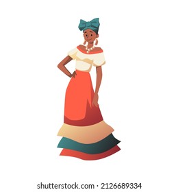 Cuban beautiful woman or young girl in colorful Caribbean or Latin American female costume with long skirt, cartoon flat vector illustration isolated on white background.