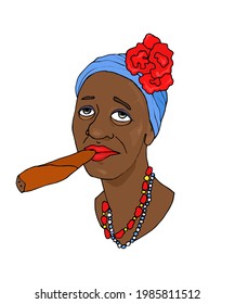 Cuban black woman in traditional headscarf with red flower decoration smoking cigar.Portrait,avatar,icon.Decorative element.Isolated on white background.Hand drawn vector illustration.