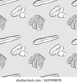 Cuban bread seamless pattern greyscale drawing. Useable for wallpaper or any sized decoration. Handdrawn Vector Illustration