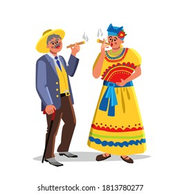 Cuban Cigar Tobacco Smoking Man And Woman Vector. People Wearing Cuba Traditional Clothes Smoke And Enjoy Cuban Cigar. Characters With Unhealthy Hand Made Product Flat Cartoon Illustration