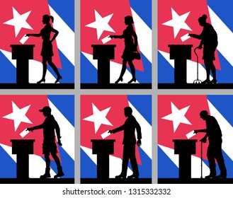Cuban citizens voting for election in Cuba. All the silhouette objects and backgrounds are in different layers. 