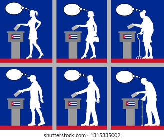 Cuban citizens voting for election in Cuba with thought bubble. All the silhouette objects and backgrounds are in different layers. 