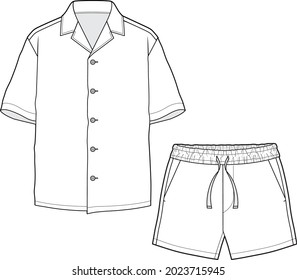 Cuban Collar Shirt With Comfy Short Flat Sketch Vector Illustration 