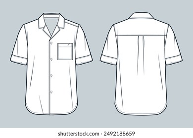 Cuban Collar Shirt technical fashion Illustration. Short sleeve Shirt fashion flat technical drawing template, button down, relaxed fit, front and back view, white, women, men, unisex CAD mockup.