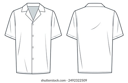 Cubano Collar Shirt técnica de moda Ilustración. Camisa de manga corta Plantilla de dibujo técnico plano de moda, Botón abajo, ajuste relajado, vista frontal y posterior, blanco, mujeres, hombres, maqueta CAD unisex.