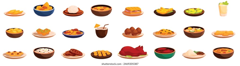 Cuban cuisine icons set vector. A collection of food items in various shapes and sizes, including bowls, plates, and cups. Concept of abundance and variety, with a focus on different types of food