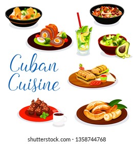 Cuban cuisine meat dishes with fruit dessert and drinks. Vector ham sandwich, beef, pork and chicken stew with vegetables, fried banana, coconut mojito, rice bean and avocado salads, coffee cupcake