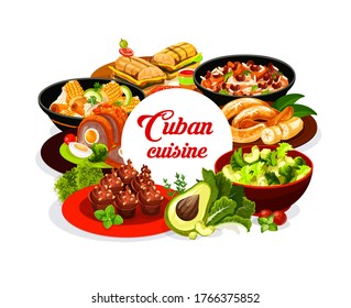 Cuban Cuisine Round Banner. Cuban Food Restaurant Meals With Fruits, Vegetables And Spicy Herbs. Vector Fried Bananas, Beans And Rise Ragout, Avocado Salad, Sandwich, Meatloaf With Egg, Coffee Cupcake