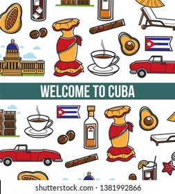 Cuban culture promo banner with national symbols set. Retro cabriolet, female dress, exotic fruits, natural coffee, strong cigar, recliner under umbrella and old building cartoon vector illustrations.