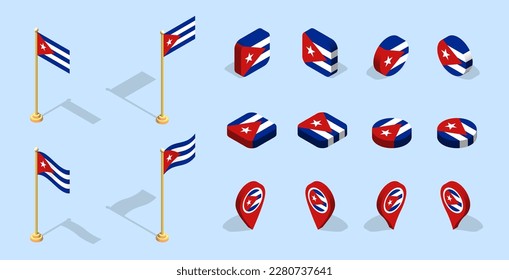 Cuban flag (Republic of Cuba). 3D isometric flag set icon. Editable vector for banner, poster, presentation, infographic, website, apps, maps, and other uses.