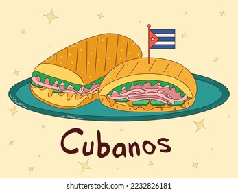 Cuban food. Cubanos Traditional Cuban dish. Vector illustration