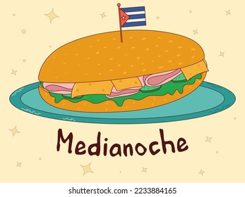 Cuban food. Medianoche. Traditional Cuban dish. Vector illustration