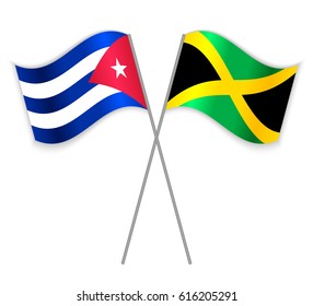 Cuban and Jamaican crossed flags. Cuba combined with Jamaica isolated on white. Language learning, international business or travel concept.