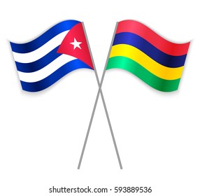 Cuban and Mauritian crossed flags. Cuba combined with Mauritius isolated on white. Language learning, international business or travel concept.
