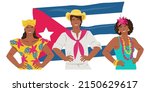 Cuban men and women at backdrop of the national flag of Cuba, flat vector illustration isolated on a white background. Travel and tourism. Cuban people group.