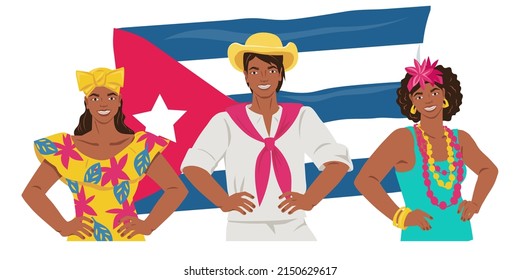 Cuban men and women at backdrop of the national flag of Cuba, flat vector illustration isolated on a white background. Travel and tourism. Cuban people group.